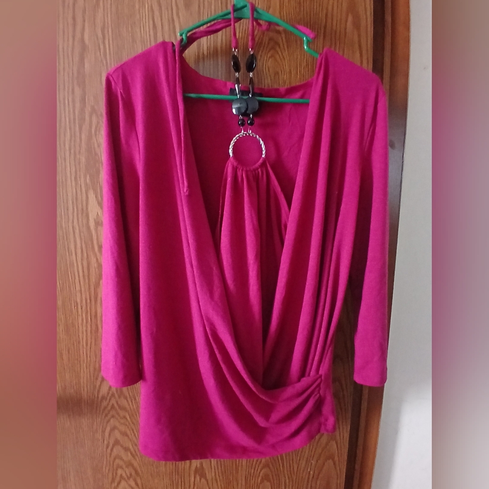 AB Studio Size L Fushia Criss Cross Blouse With Beaded Neck Tie Up With Cami